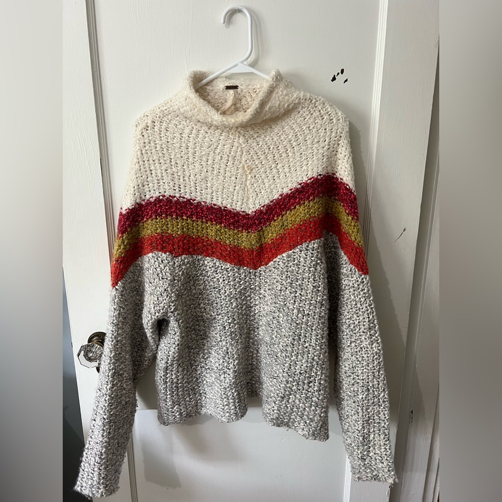 Free People Cream and Red Cowl Neck Sweater